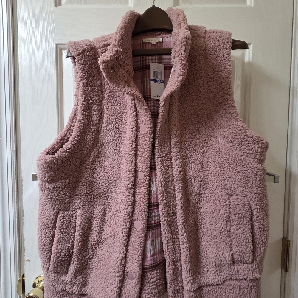 New Ultra Flirt Pink Sherpa Vest with Plaid Interior